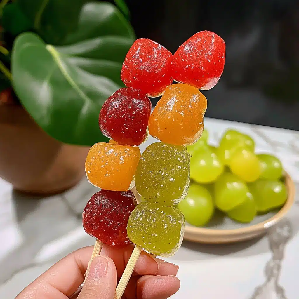 a person is holding some fruit on a stick with gummy bears and strawberries