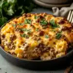 two plates filled with casserole covered in cheese and meat, on top of each other