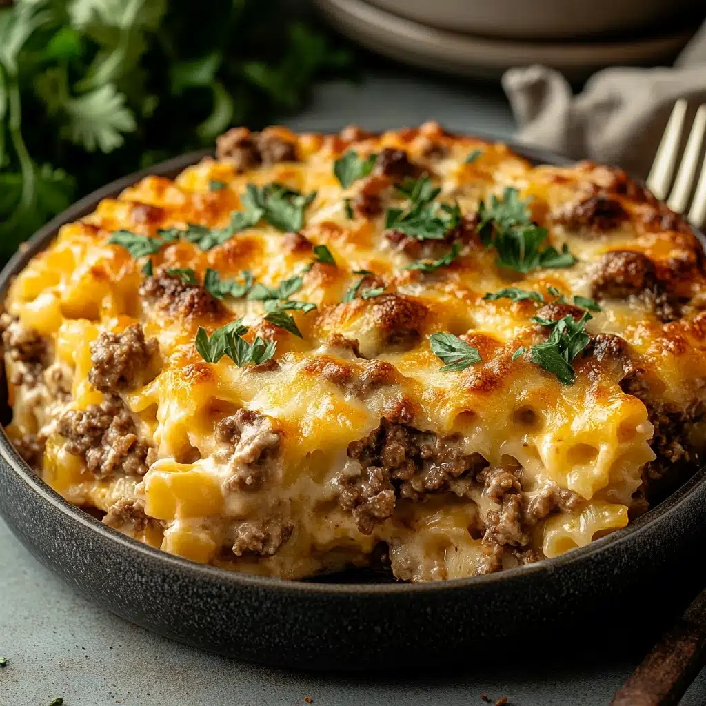 two plates filled with casserole covered in cheese and meat, on top of each other