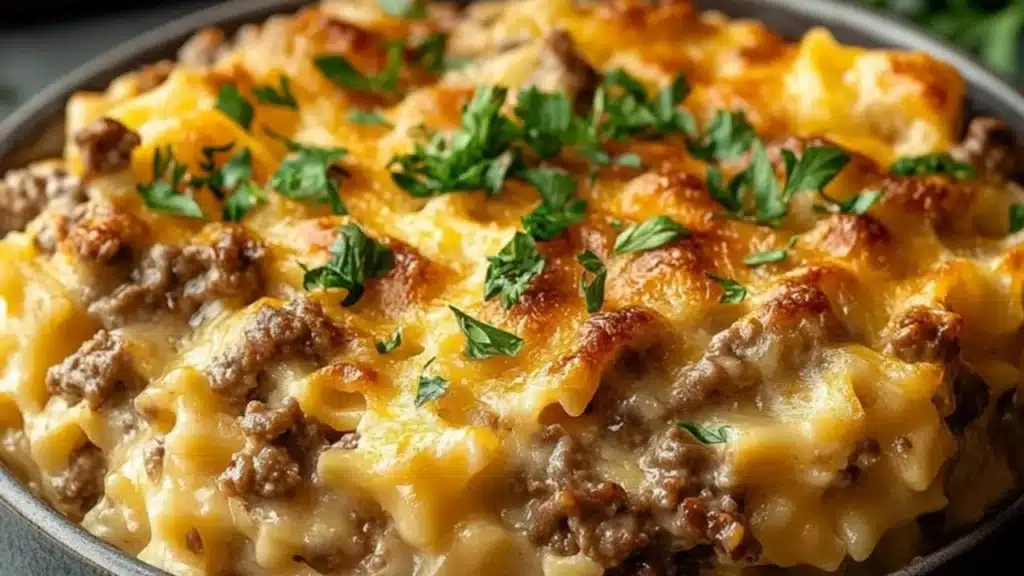 two plates filled with casserole covered in cheese and meat, on top of each other