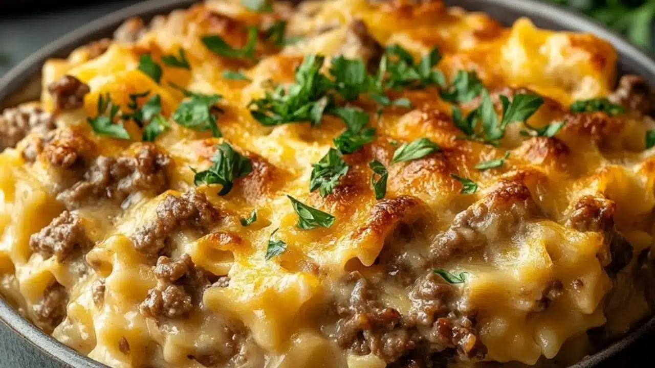 two plates filled with casserole covered in cheese and meat, on top of each other