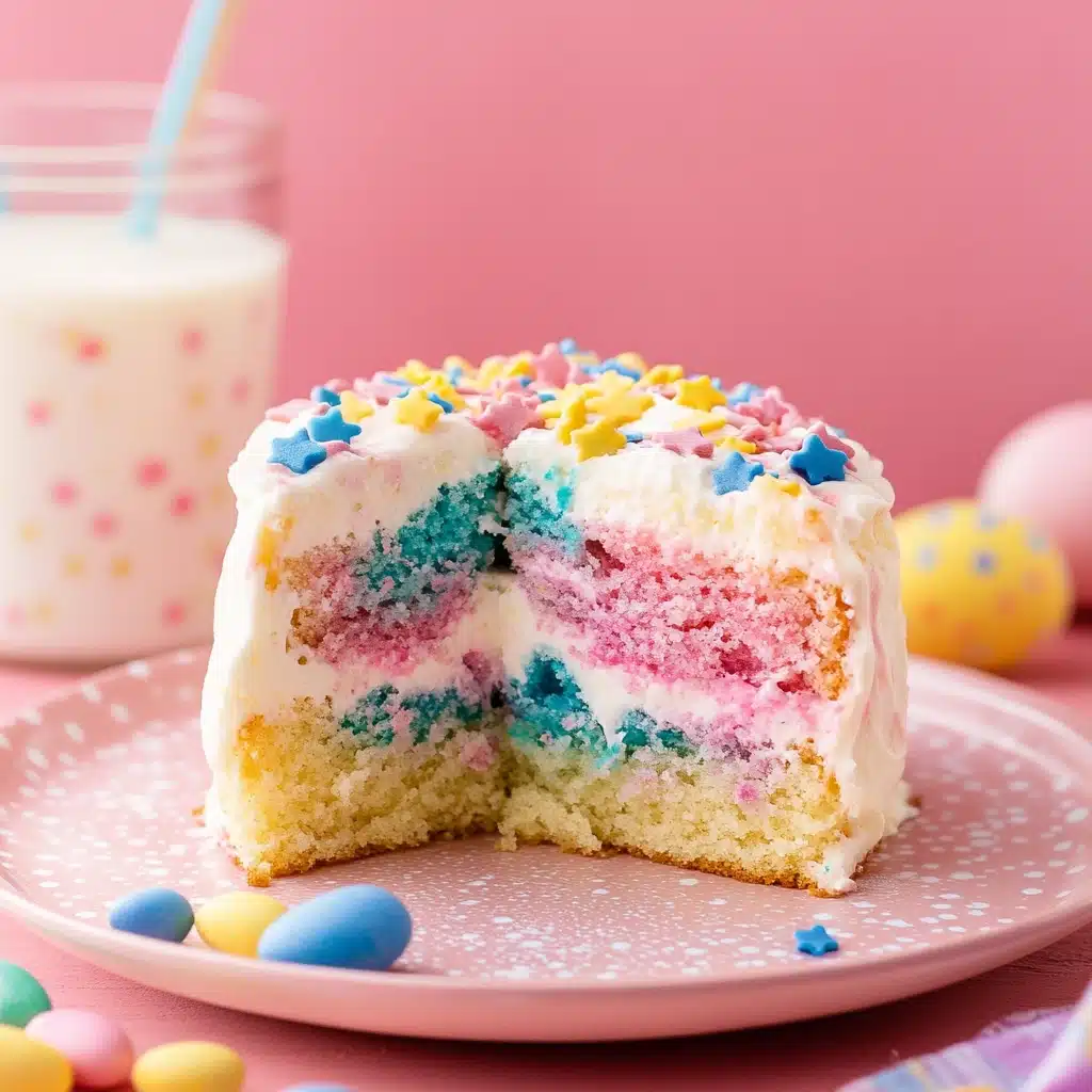 an easy rainbow cake that is ready to be eaten and put on the table for easter