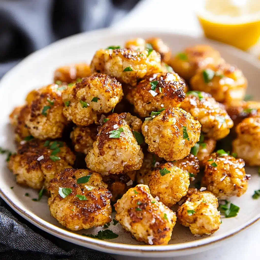 Two images showcasing the Vegan Lemon Pepper Glazed Cauliflower Recipe. The first image features the finished dish, glistening with a tasty glaze, while the second image shows the cooking process with spices. A zesty, healthy recipe for plant-based m...
