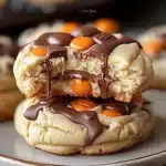 some cookies are sitting on a plate with chocolate drizzled over them and the words gooey reese's cheesecake cookies