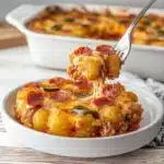 two different views of a pizza casserole with pepperoni and cheese