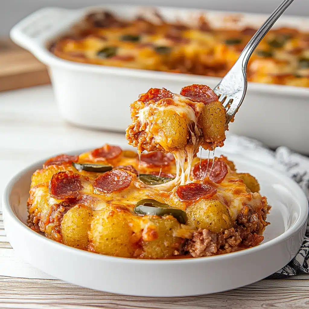 two different views of a pizza casserole with pepperoni and cheese