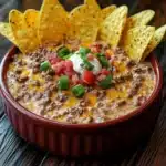 a hand holding a tortilla chip over a bowl of chili and cheese dip