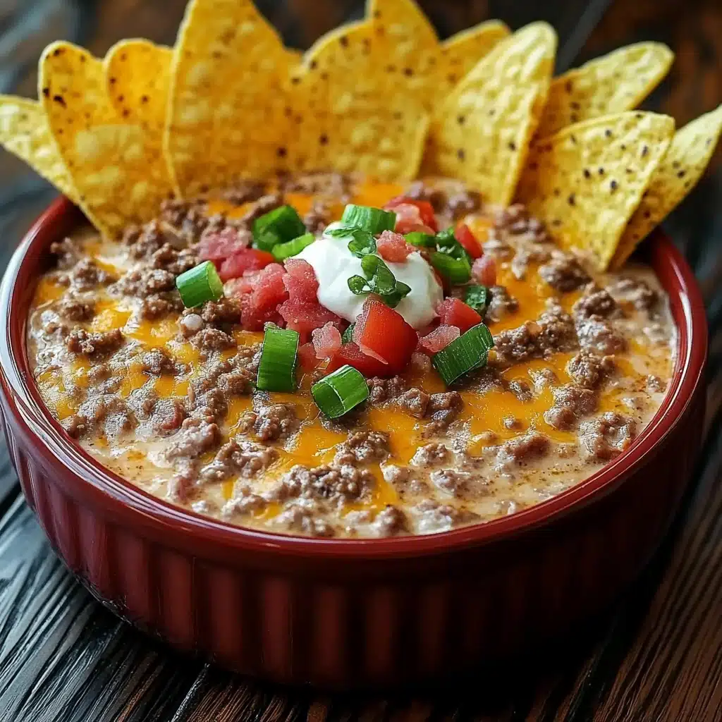 a hand holding a tortilla chip over a bowl of chili and cheese dip