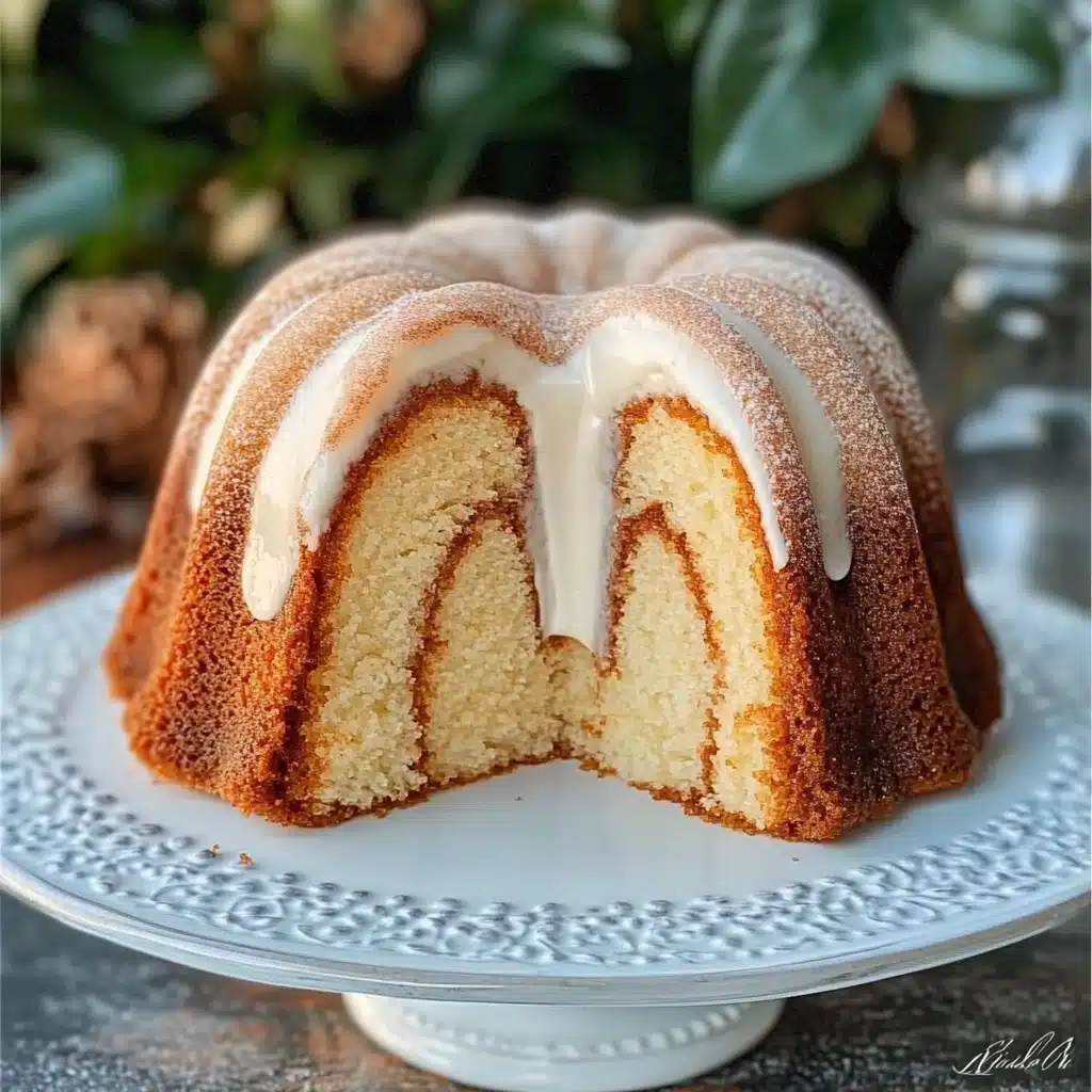a bundt cake with white icing and cinnamon sprinkles on top