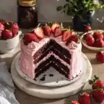 two slices of chocolate cake with strawberries on the side and one slice cut out