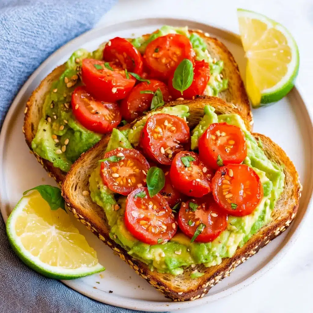 two pieces of toast with avocado and tomatoes on it sitting on a plate