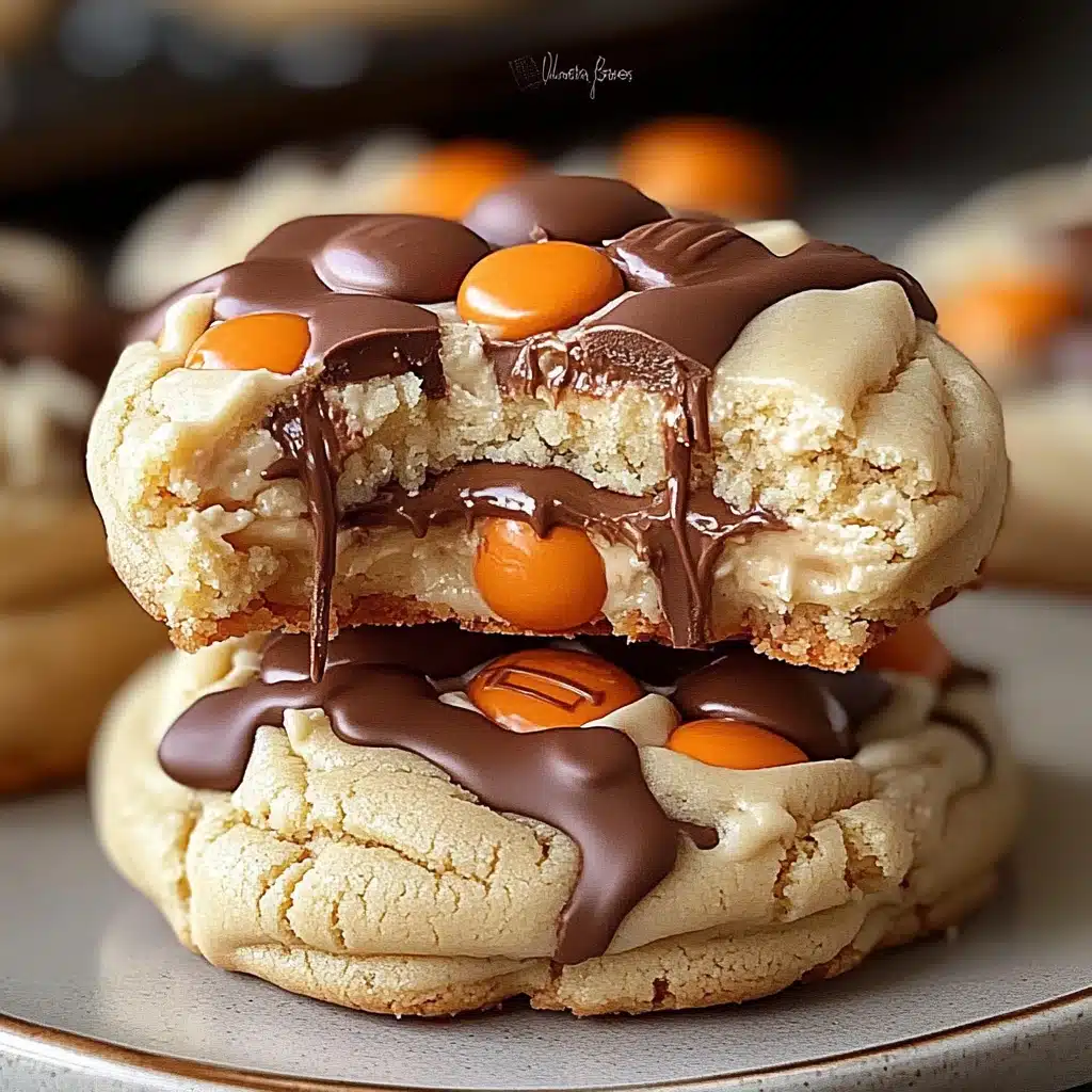some cookies are sitting on a plate with chocolate drizzled over them and the words gooey reese's cheesecake cookies