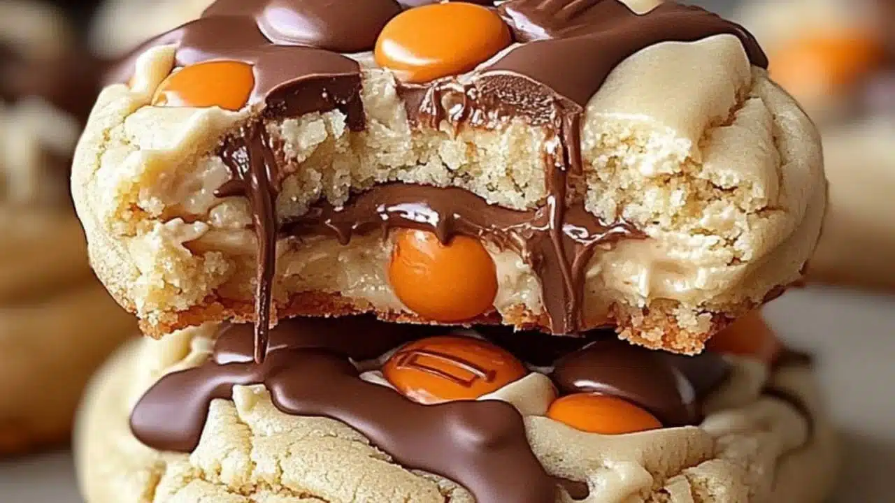 some cookies are sitting on a plate with chocolate drizzled over them and the words gooey reese's cheesecake cookies