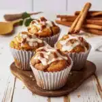 cinnamon roll muffins with icing drizzled over them on a white plate
