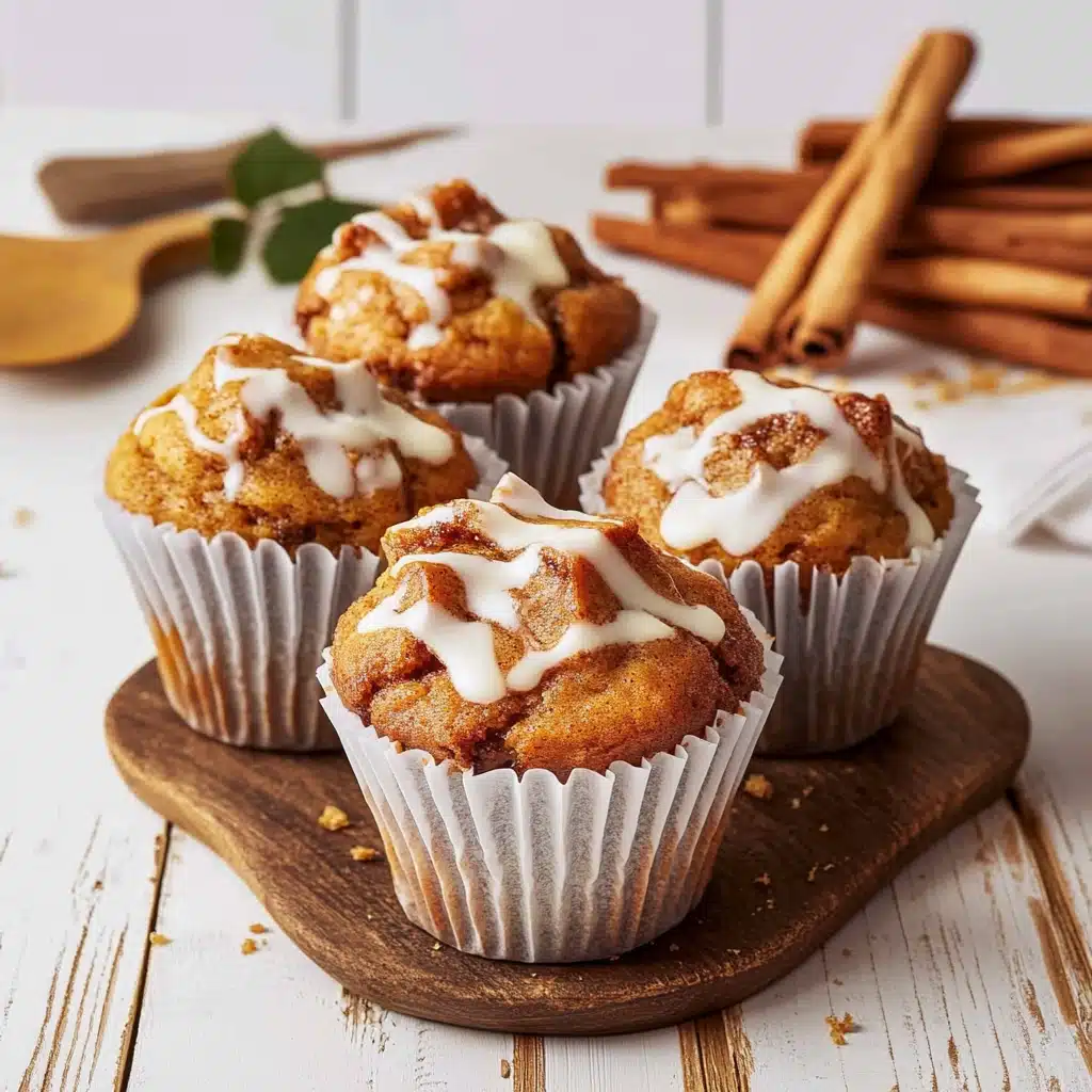 cinnamon roll muffins with icing drizzled over them on a white plate