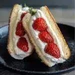 two halves of strawberry sandwich on a white plate with strawberries in the background and text overlay reading 4 ingredient strawberry sando