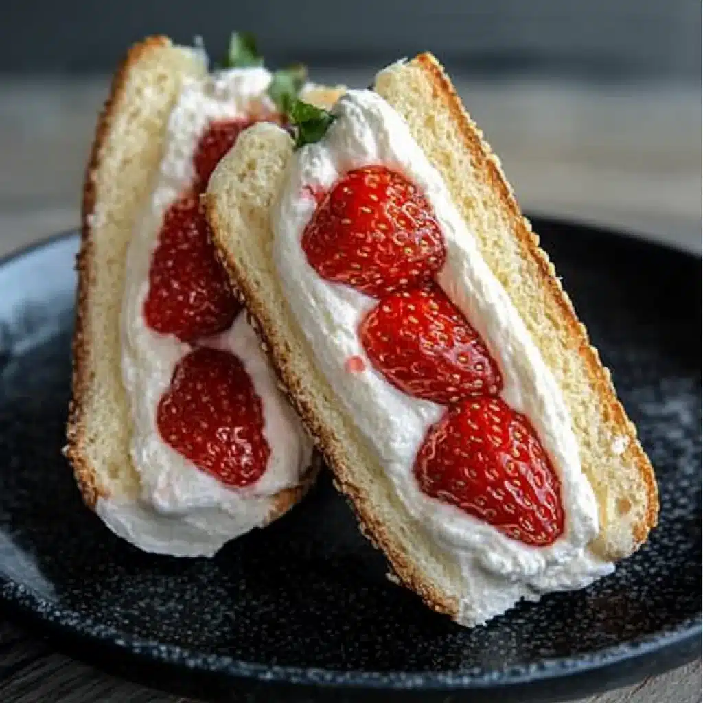 two halves of strawberry sandwich on a white plate with strawberries in the background and text overlay reading 4 ingredient strawberry sando