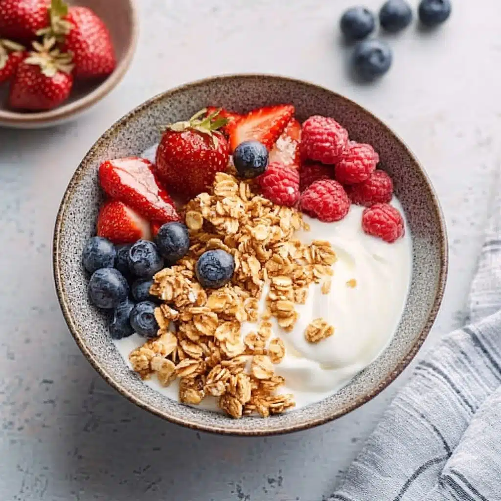 a bowl filled with fruit and yogurt on top of a white tablecloth