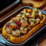 sweet and savory honey roasted butternut squash stuffed with chicken