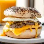 steak egg and cheese bagel sandwich on a wooden cutting board with text overlay that reads steak egg and cheese bagel sandwich