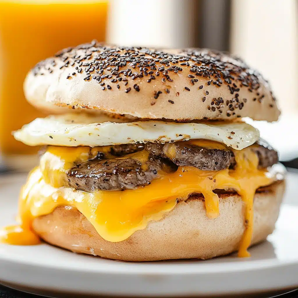 steak egg and cheese bagel sandwich on a wooden cutting board with text overlay that reads steak egg and cheese bagel sandwich