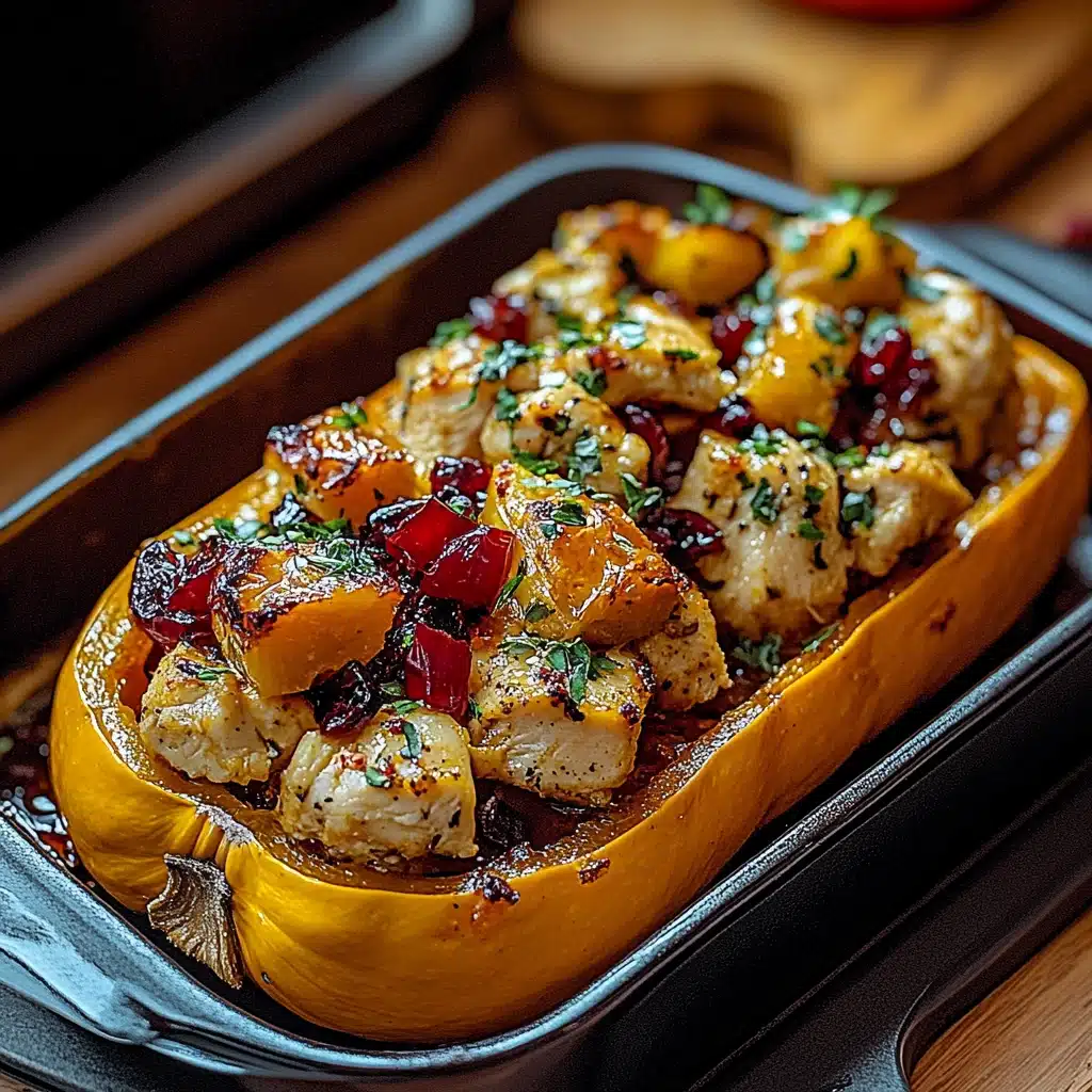 sweet and savory honey roasted butternut squash stuffed with chicken
