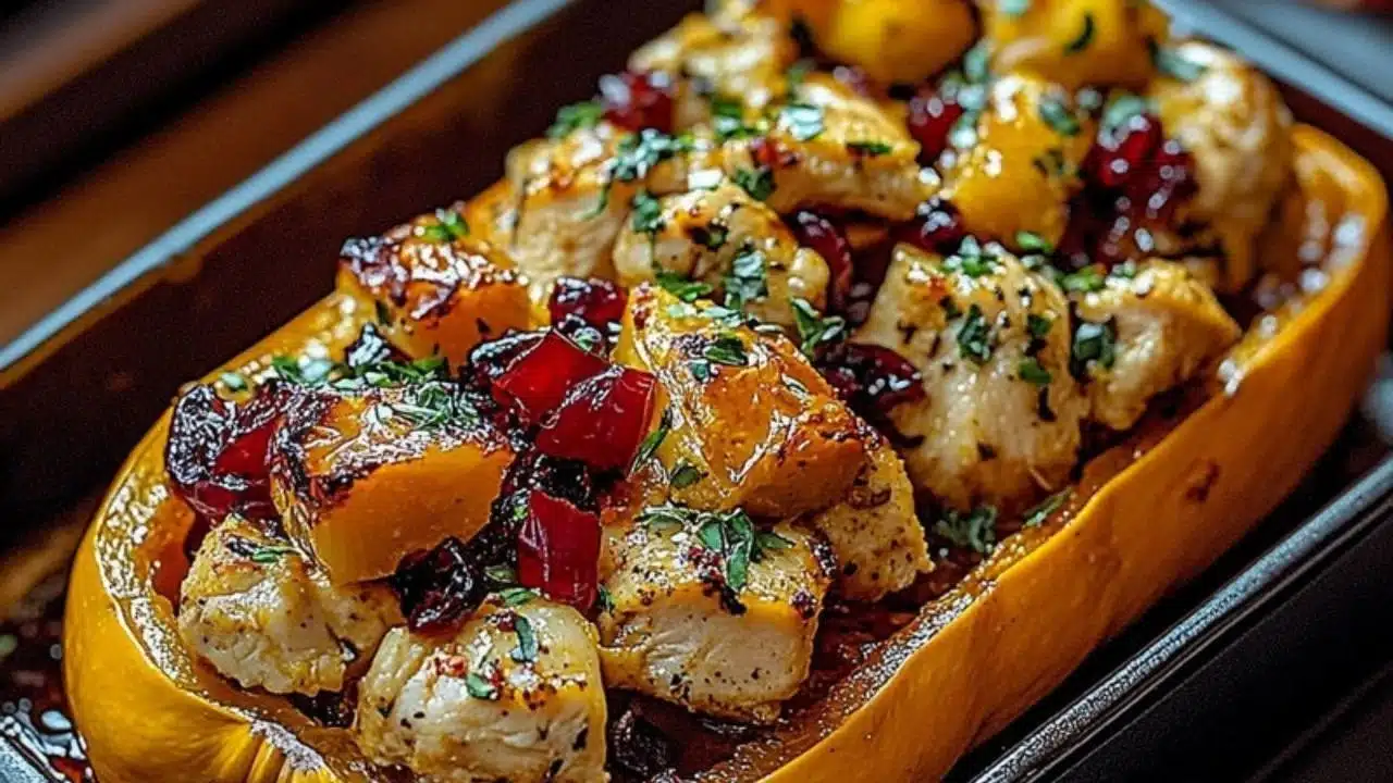 sweet and savory honey roasted butternut squash stuffed with chicken