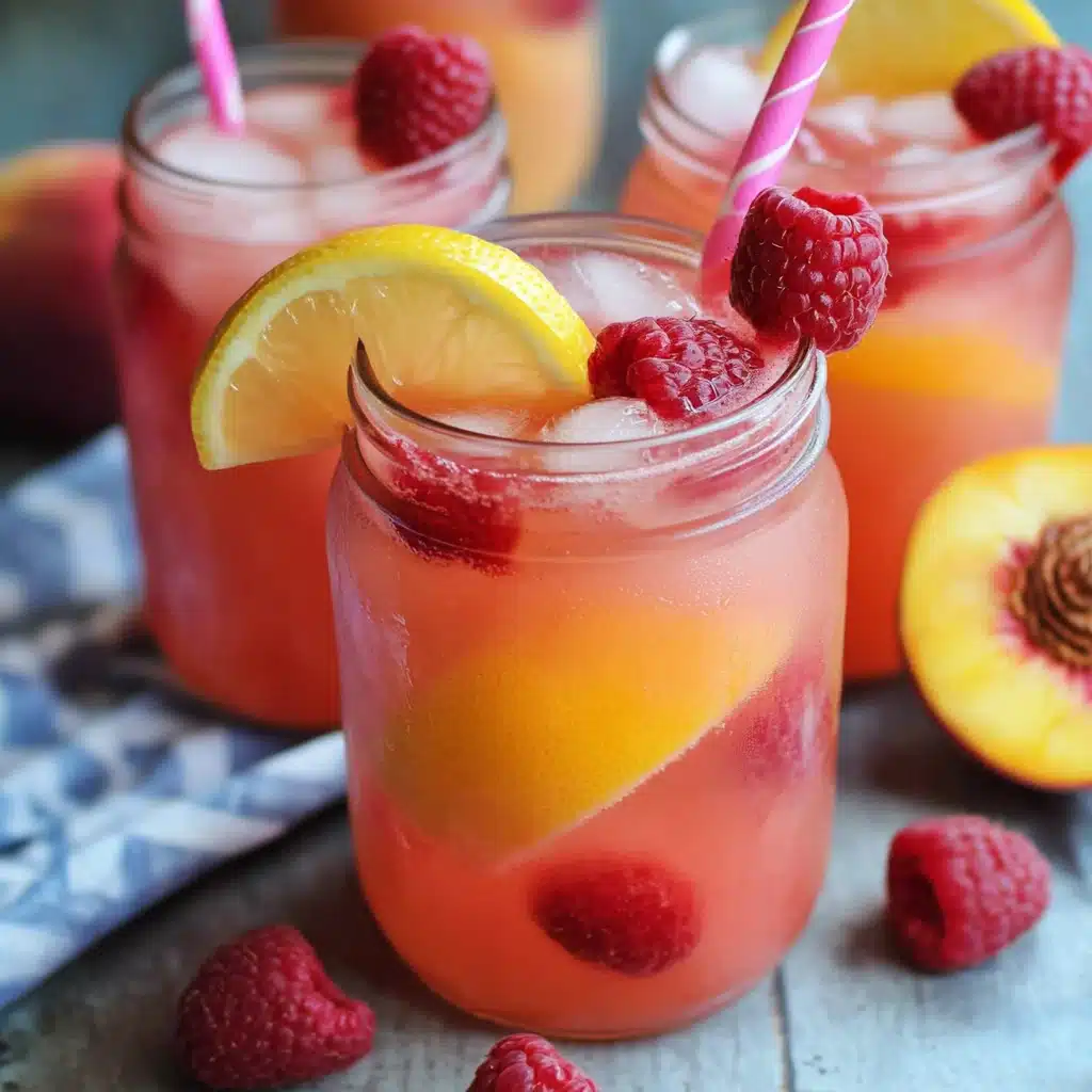 the raspberry peach lemonade cocktail is served in glasses with mint garnish
