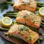 asparagus and lemon basil ricotta stuffed salmon rolls with lemon sauce on a white plate