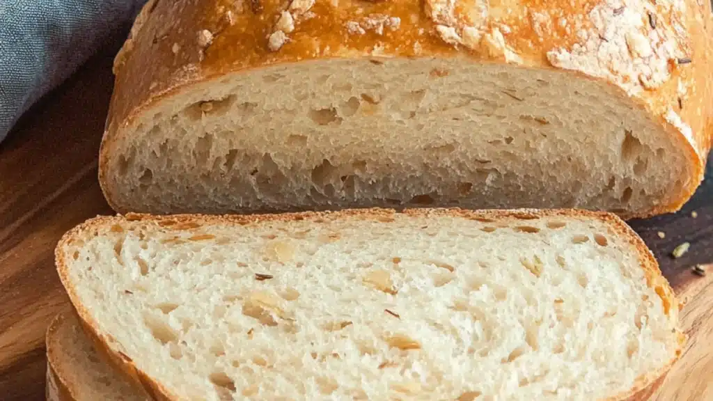 a close up of bread on a plate with the words rustic no knead rosemary garlic bread