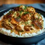 chicken and rice on a plate with the words creamy smothered chicken and rice
