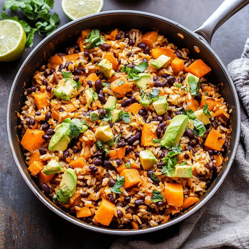 southwest sweet potato black bean and rice skillet with avocado slices on the side