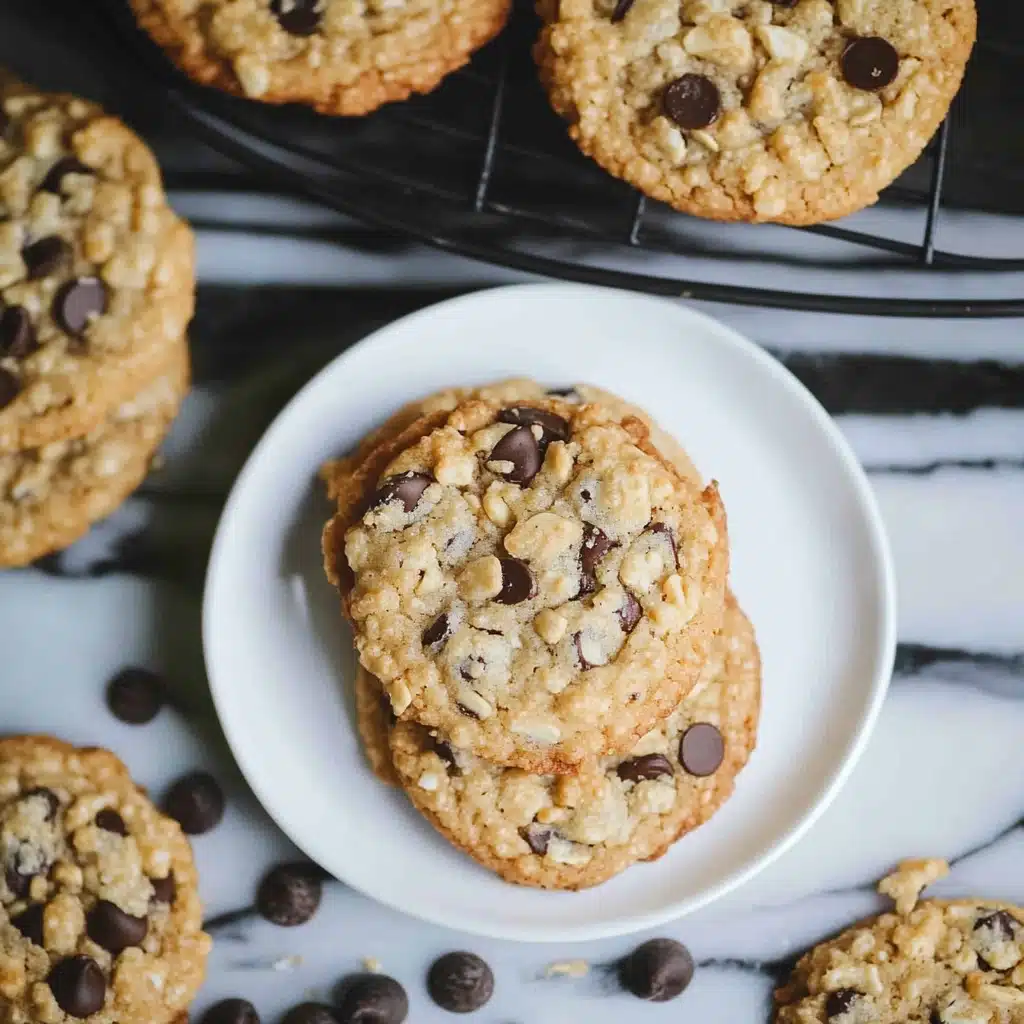 rice krispie chocolate chip cookies are cooling on the rack with text overlay that reads rice krispie chocolate chip cookies
