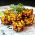 a black plate topped with corn covered in seasoning and garnished on top of a wooden table