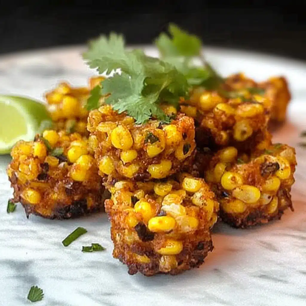 a black plate topped with corn covered in seasoning and garnished on top of a wooden table