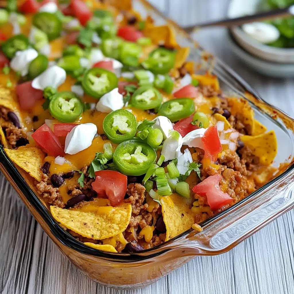 a glass casserole dish with tortilla chips and salsa