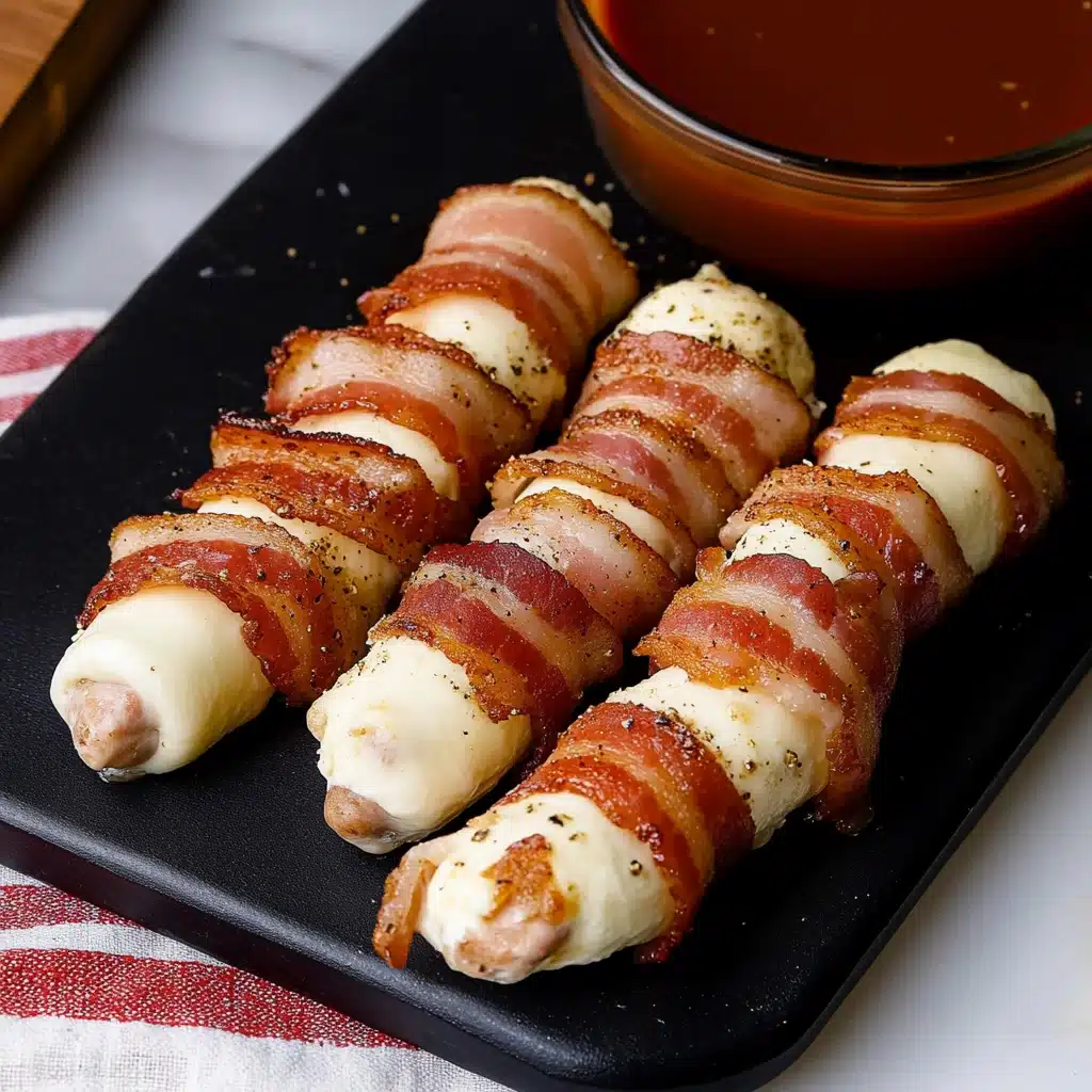bacon wrapped in cheese on a black plate with dipping sauce next to the bowl full of ketchup