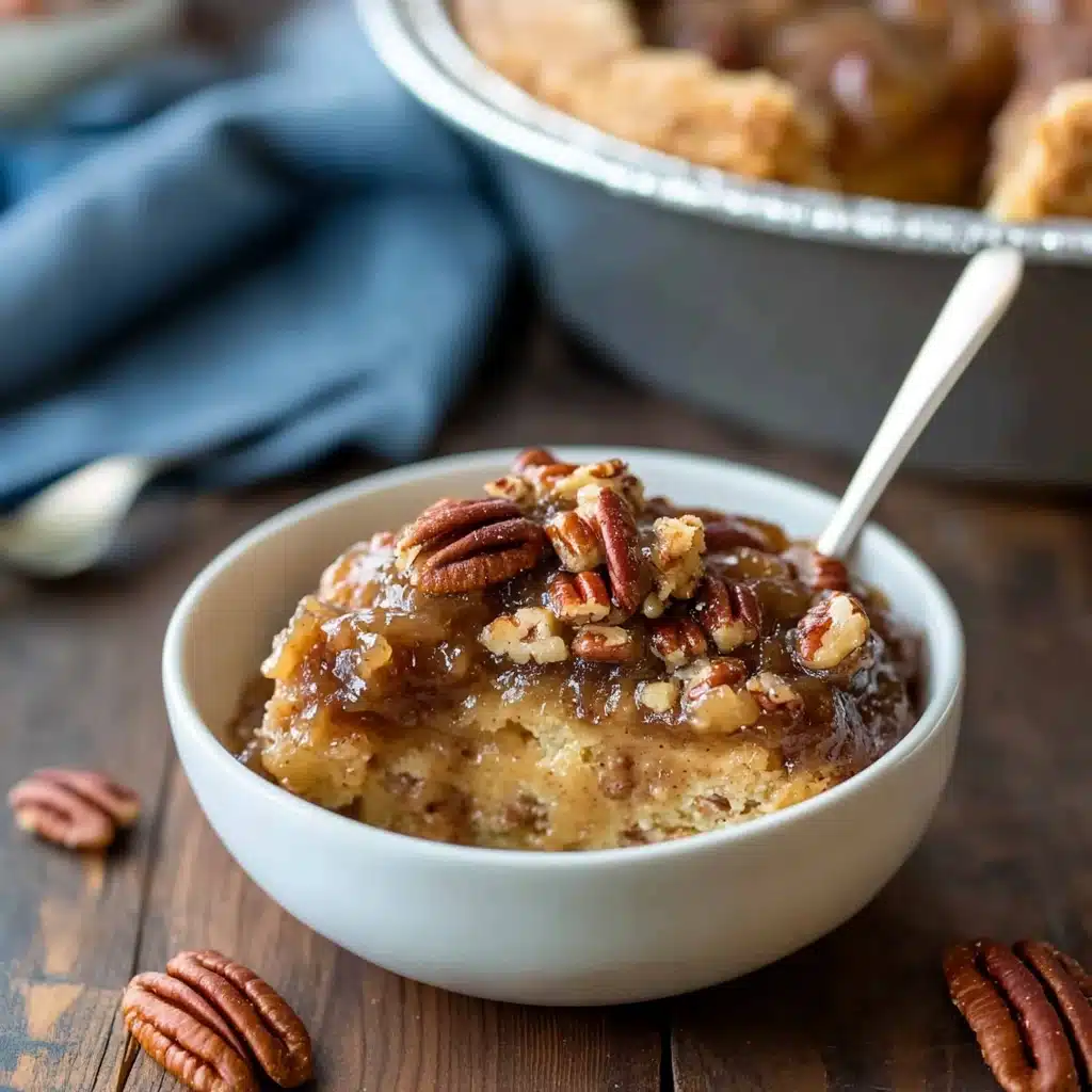 pecan pie pudding cake in a white bowl