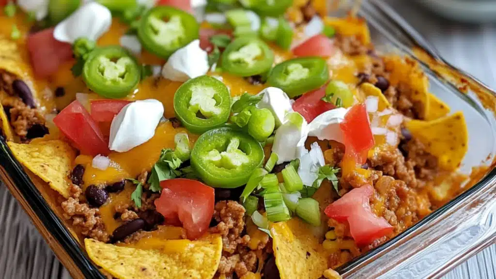 a glass casserole dish with tortilla chips and salsa