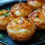 several baked potato cheese puffs stacked on top of each other with the words leftover mashed potato cheese puffs