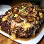 a piece of meatloaf with cheese and bacon on it sitting on a cutting board