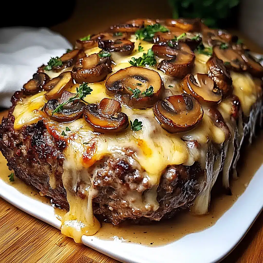 a piece of meatloaf with cheese and bacon on it sitting on a cutting board