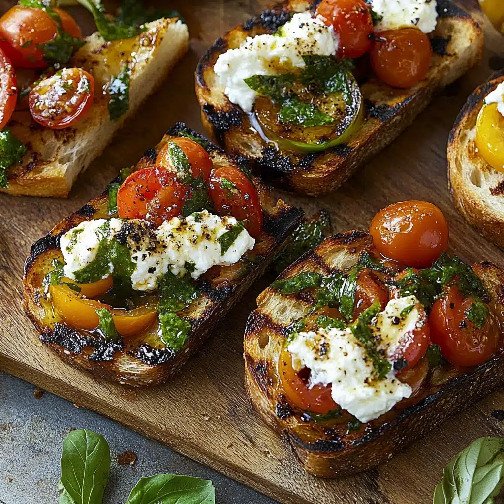 two pieces of bread with tomatoes and cheese on them sitting on a gold platter