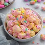 a bowl filled with pink and yellow sprinkles next to a plate full of cookies