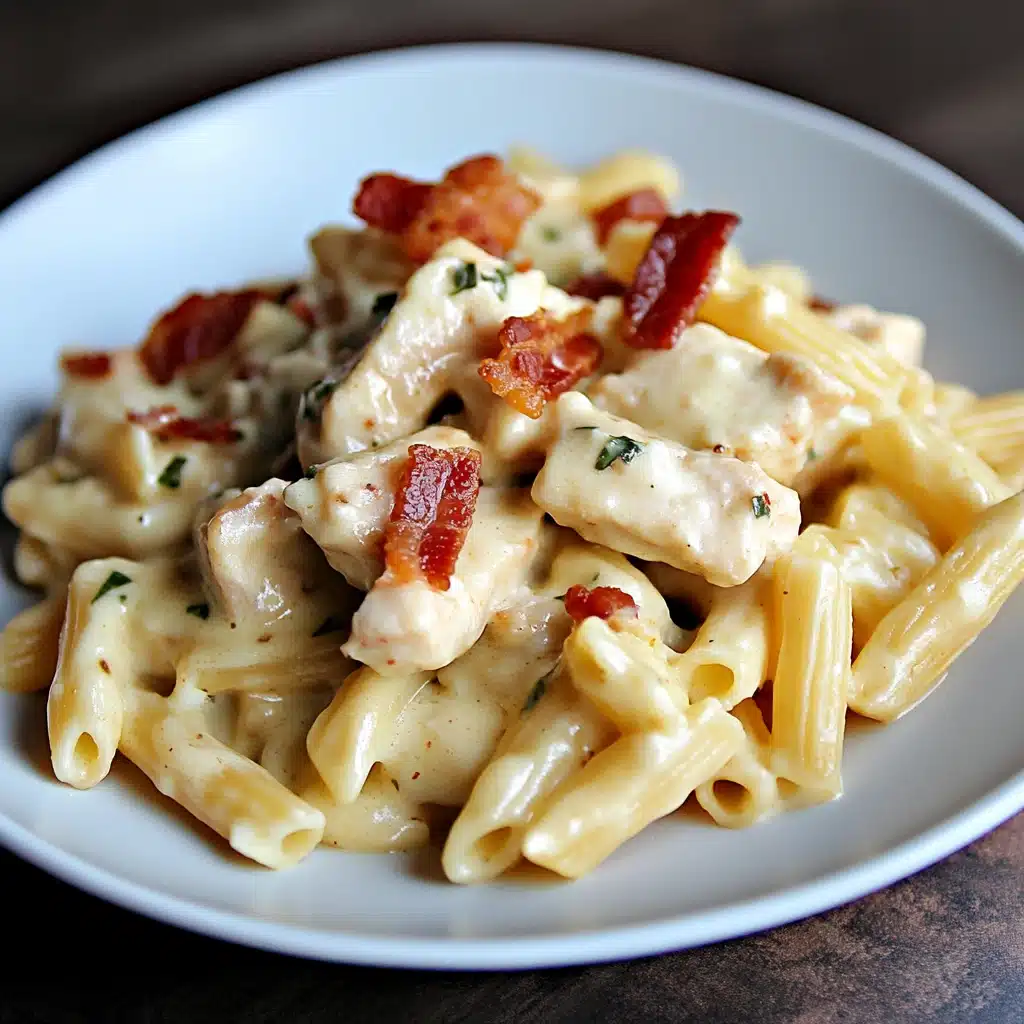 creamy chicken bacon ranch pasta in a cast iron skillet with text overlay that says creamy chicken bacon ranch pasta