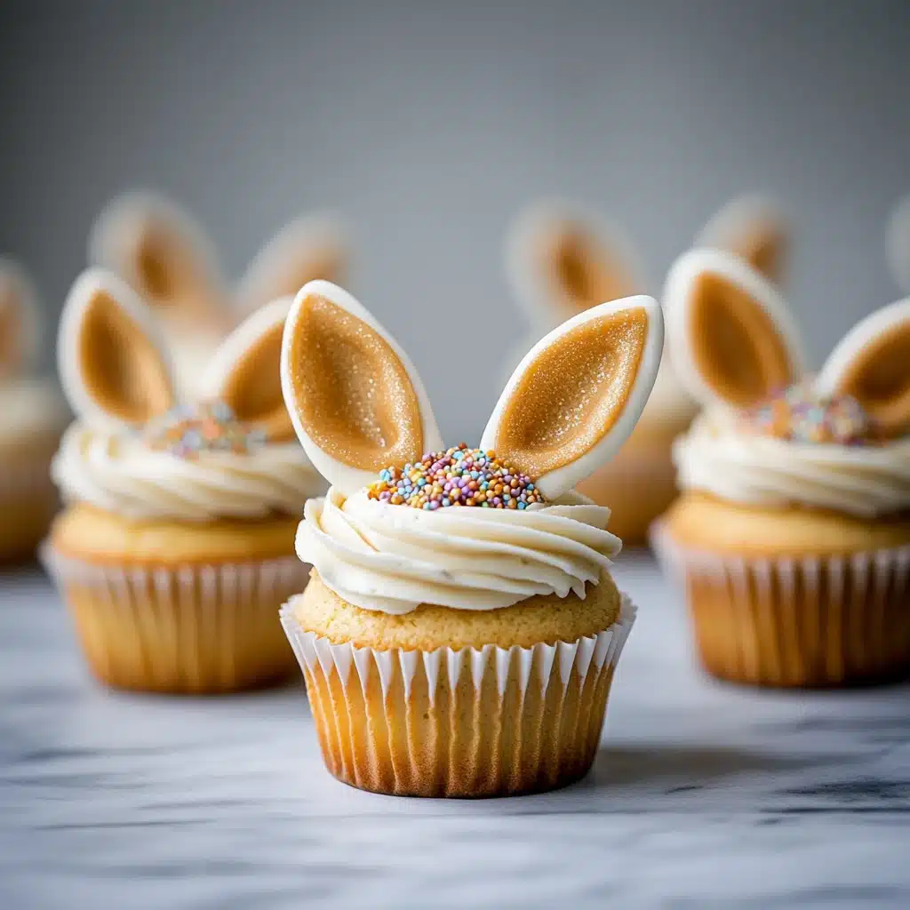 four cupcakes decorated with chocolate bunny ears and pink frosting, on a table