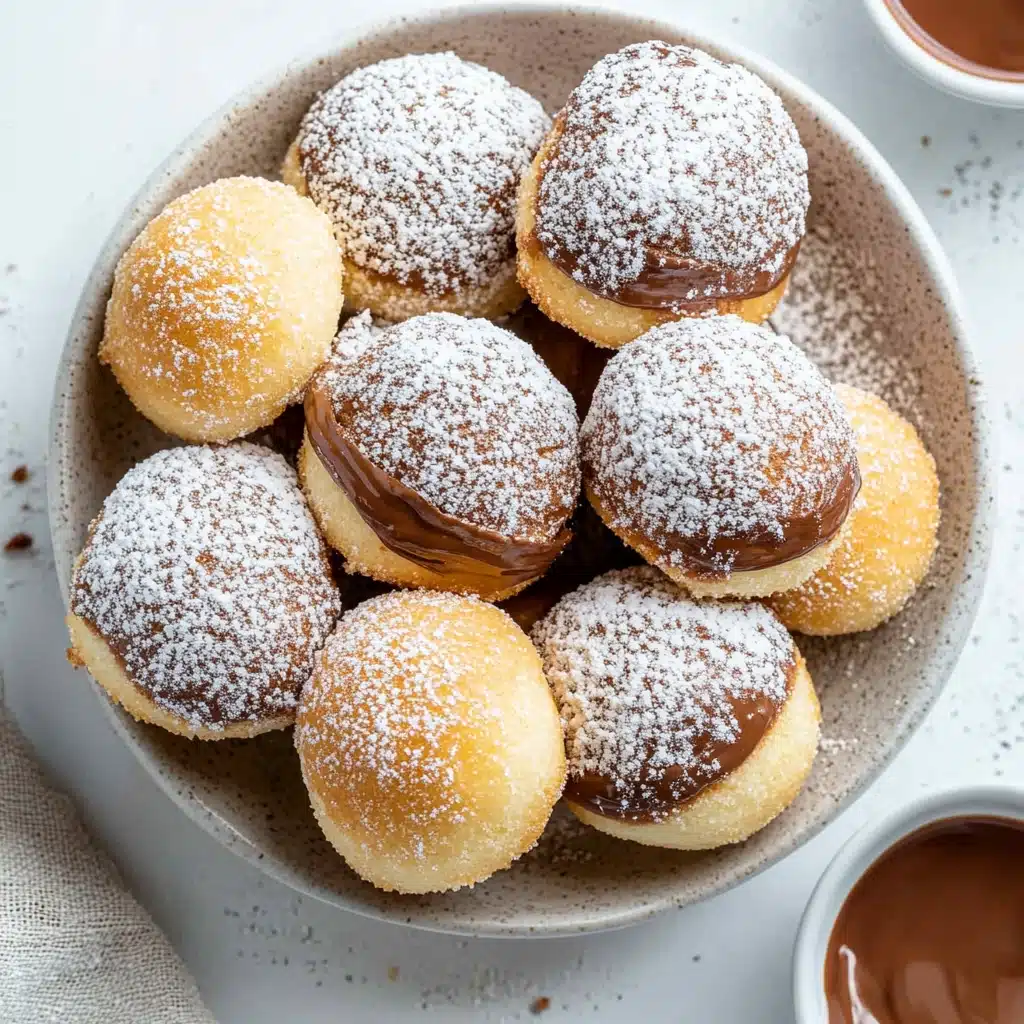 Two images of Nutella. The first image is a close-up image from the side of a Nutella boma, ripped open showing the inside. The second image is from overhead and shows the cooked Nutella bombs on a white surface with a bowl of Nutella.