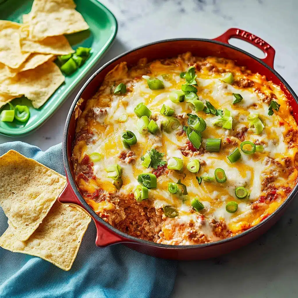 a hand holding a tortilla chip over a bowl of chili and cheese dip