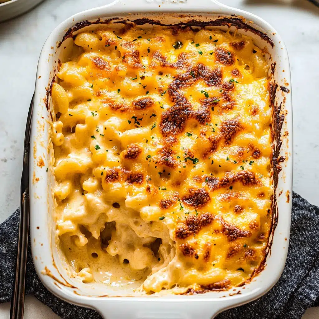 creamy baked macaroni and cheese is served in a casserole dish with a serving spoon