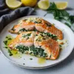 grilled salmon with spinach sauce on a white plate and an orange border over the top